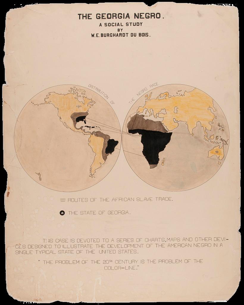 A map of two globes showing the distribution of Black people across the world, indicated by three shades: beige, black, and brown. Several lines connect the African continent to prominent countries in North and South America, Europe, and the Caribbean along the Atlantic Slave Trade, with a lone white star depicted in the state of Georgia. The caption on the page reads: “This case is devoted to a series of charts, maps, and other devices designed to illustrate the development of the American Negro in a single typical state of the United States. ‘The problem of the 20th century is the problem of the color-line.’”
