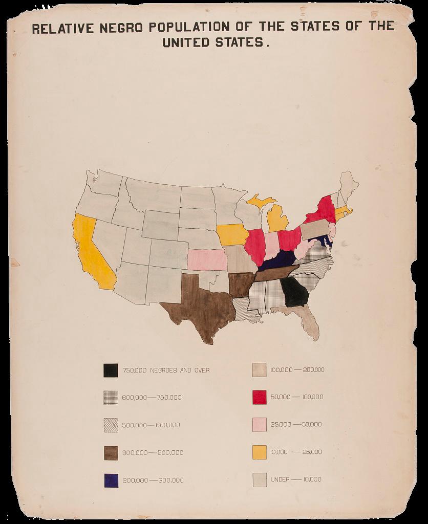 A map of the United States in which states are differentiated according to various colors depending on the size of each state’s Black population. Bright primary colors darken to cross-hatched, shaded areas and solid browns and blacks in the states where the number grows.