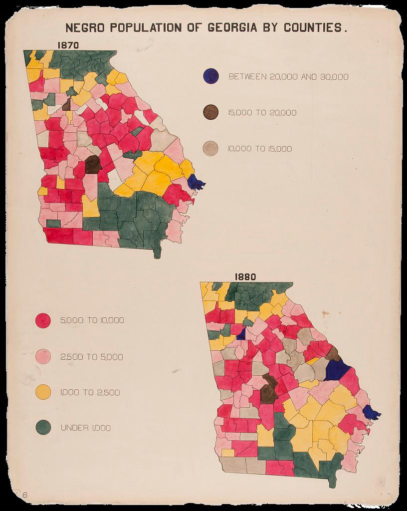 Two colorful maps of Georgia subdivided and color-coordinated by the size of each county’s Black population. The map on the top left depicts Black population by county in the year 1870, and the map on the bottom right depicts Black population by county in the year 1880. Both are dominated by pink and yellow, which show population sizes between 1,000 to 10,000 people. A key indicating population size is listed on the top right quadrant and bottom left quadrant of the page, containing the same values as the previous map of Georgia in 1890.
