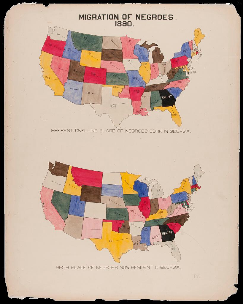 Two colorful maps of the United States in 1890 showing the number of Black people with connections to Georgia in each state. The top map depicts the migration of Black people born in Georgia to their residencies in other states, and the bottom map depicts the states in which Black people were born who moved to Georgia and reside there as of 1890. Georgia is the only state colored in with black ink to make it stand out. Arrows in the top map point away from Georgia to showcase movement out of the state, whereas arrows in the bottom map point toward Georgia to showcase movement into the state.