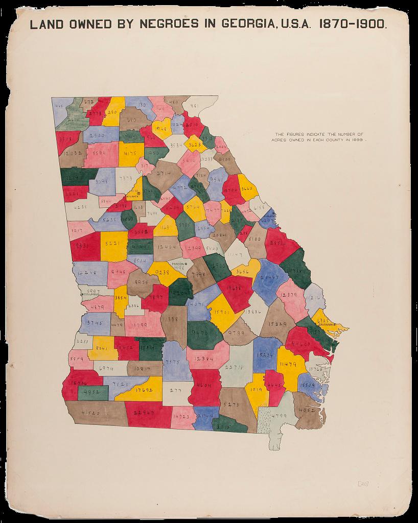 A multicolored map of Georgia depicting the number of acres of land per county owned by Black residents between the years 1870 and 1900. There is no key to detail color coordination to acre size, with the exception of a small caption to the side of the map that reads, “the figures indicate the number of acres owned in each county in 1899.”