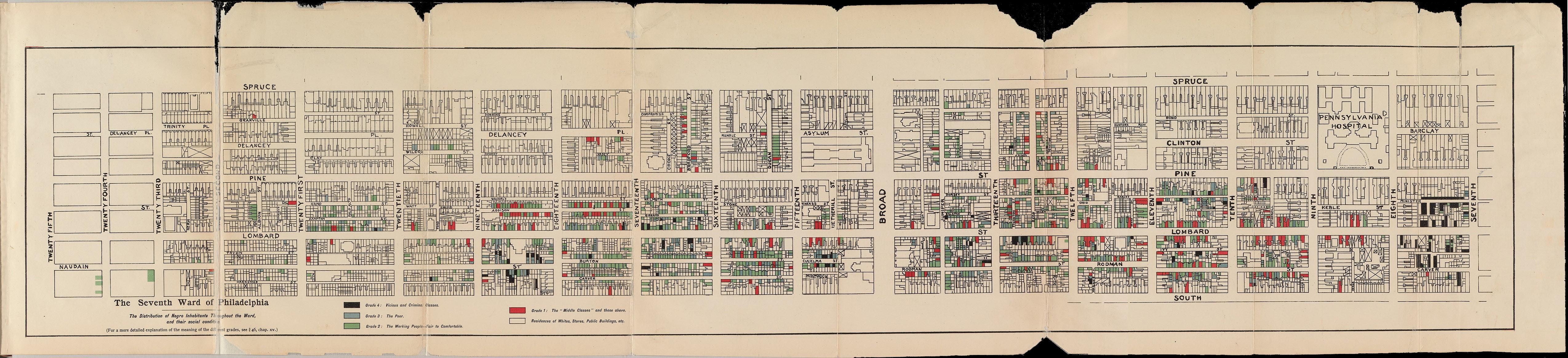 A map of the seventh ward of Philadelphia. The map is about four times as wide as it is long, and its yellowed paper is worn, creased, and torn at the edges. Subdivided by street names, the Black population in this region is categorized by a color which corresponds to social condition. Red, green, blue, and black rectangles are drawn within building outlines that run along the streets of the ward. Red describes the middle and upper classes, green represents the “fair to comfortable” working class, blue describes the “poor” lower class, black represents the “vicious and criminal classes,” and the remaining white spaces, which occupy much of the map, indicate white residences, stories, public buildings, “etc..”