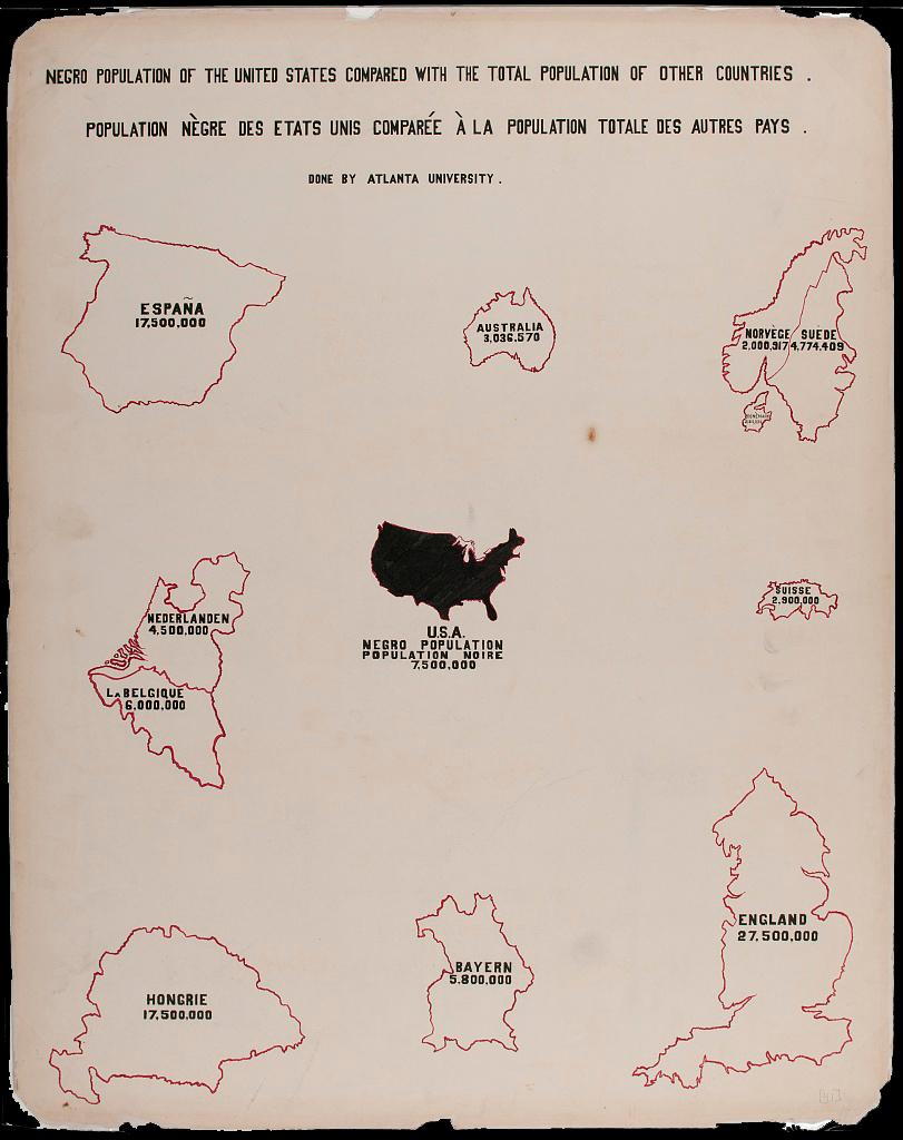A page displaying the outlines of ten countries drawn around the United States, which lies in the center of the paper and is the only country whose shape is filled in with black ink. The countries are, going clockwise from the top right: Spain, Australia, Norway, Sweden, Switzerland, England, Germany, Hungary, Belgium, and the Netherlands. The title in English heads the page, just above its French translation. The names of all countries except the U.S. are in French.