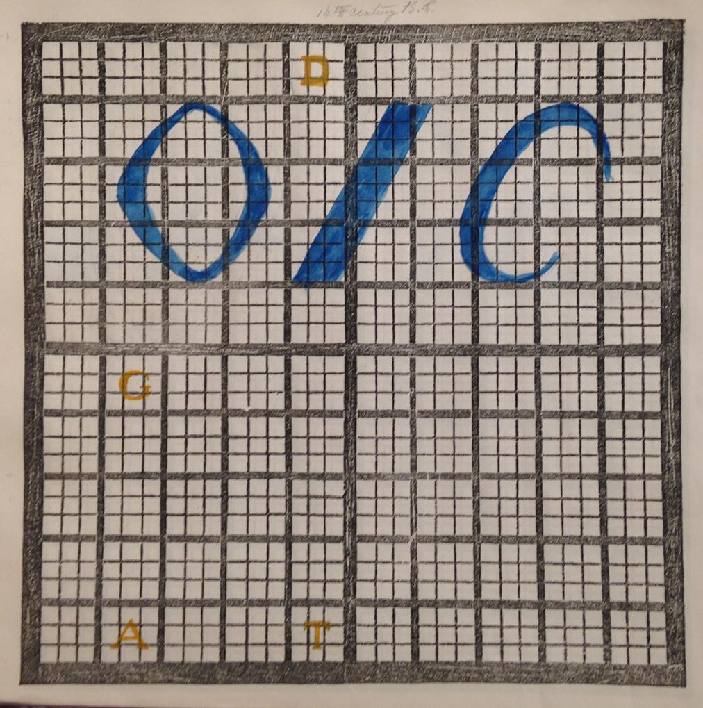The sixth of eight examples of student charts. Four event squares, distributed across the chart, are shaded yellow. The letters “O” “I” and “C” are written across the upper half of the grid in blue. When placed in between the previous chart and the chart that follows, it spells: “heroic age.”