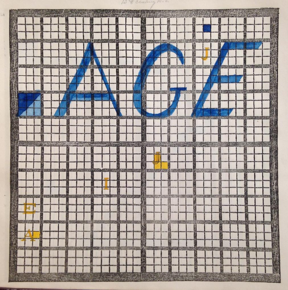 The seventh of eight examples of student charts. Eight event squares, distributed across the chart, are shaded yellow. The letters “A” “G” and “E” are written across the upper half of the grid in blue. When placed after the previous two charts, it spells: “heroic age.”