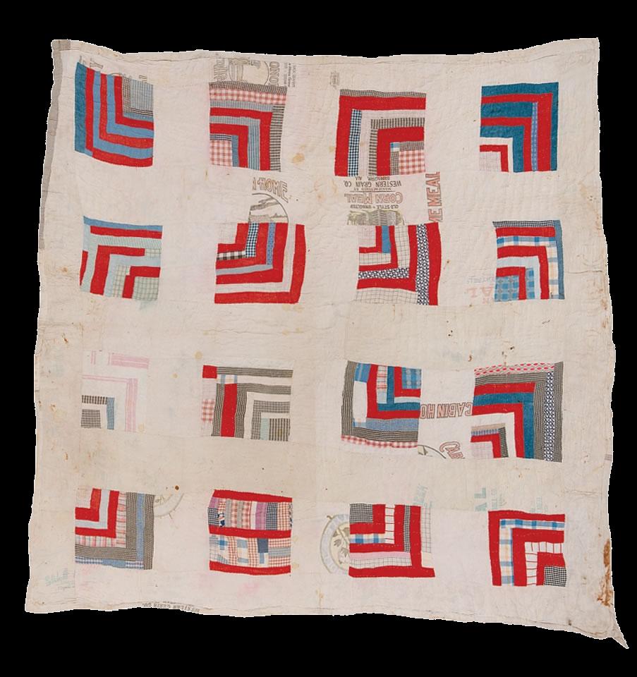 A photo of a quilt, consisting of 16 squares arranged in a 4x4 grid. Each square consists of strips of red, blue, and grey cloth, quilted into L-shaped patterns, set against an off-white background.