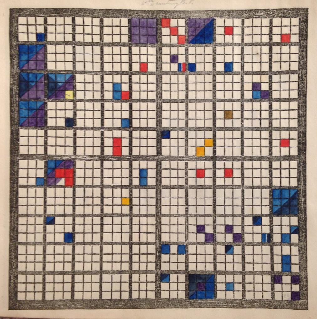 A chart arranged in two rows of four of Elizabeth Peabody’s Polish-American System completed by a student in the mid-nineteenth century. Purple, blue, and black dominate this image, with the shaded event squares evenly distributed throughout the chart.