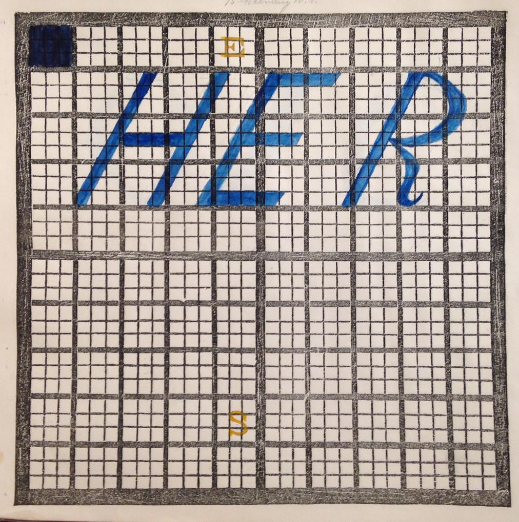 The fifth of eight examples of student charts. The first year square is shaded black. Two other event squares are shaded yellow. The letters “H” “E” and “R” are written across the upper half of the grid in blue. When placed next to the subsequent two charts, it spells: “heroic age.”