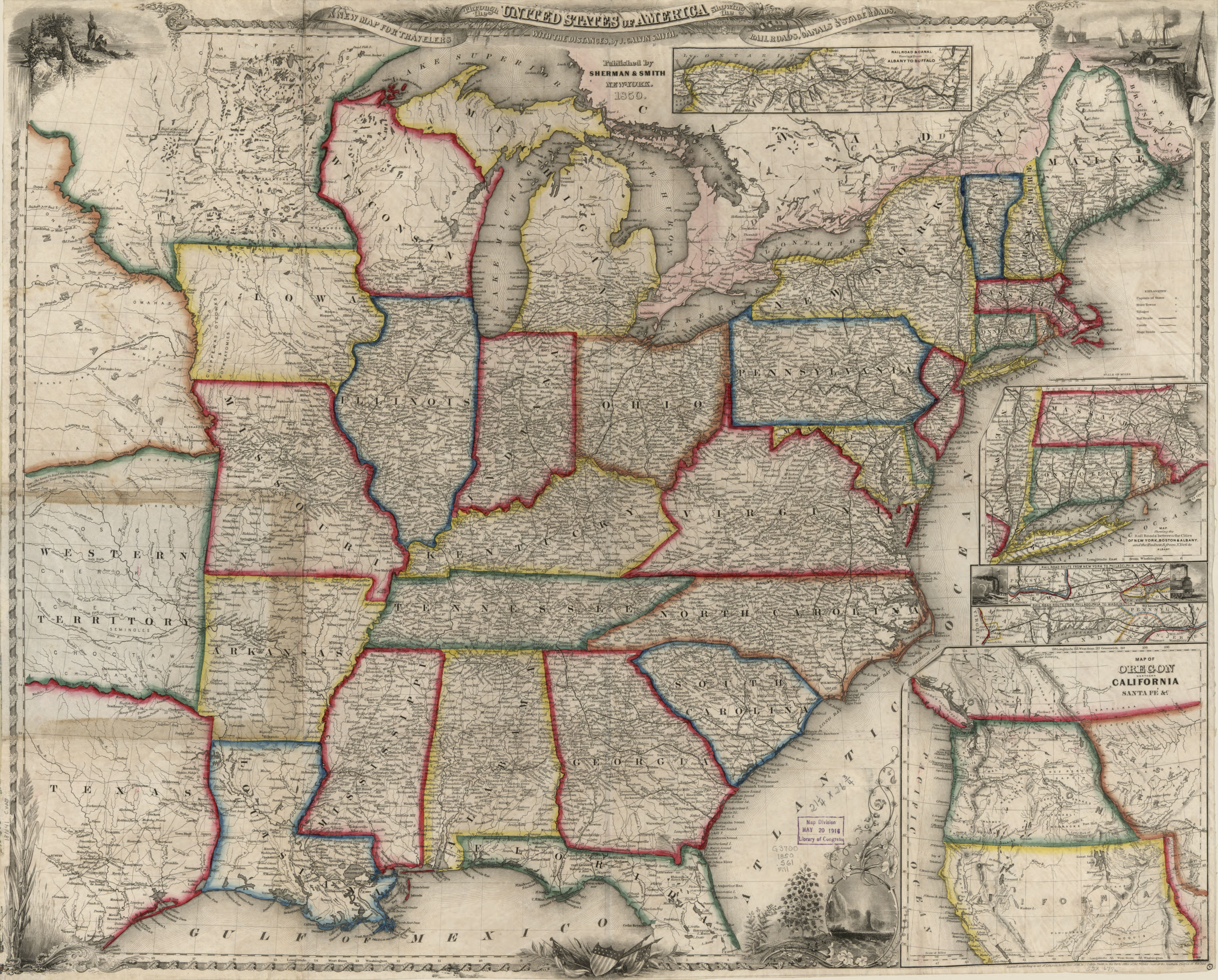A historical map of the eastern half of the United States. Each state is outlined in a bold, bright color. When the user mouses over the locations mentioned in the text of the chapter–Rochester, NY; Louisville, KY; and Richmond, VA–the map pans to that location and zooms in to show a close-up of that city on the map.