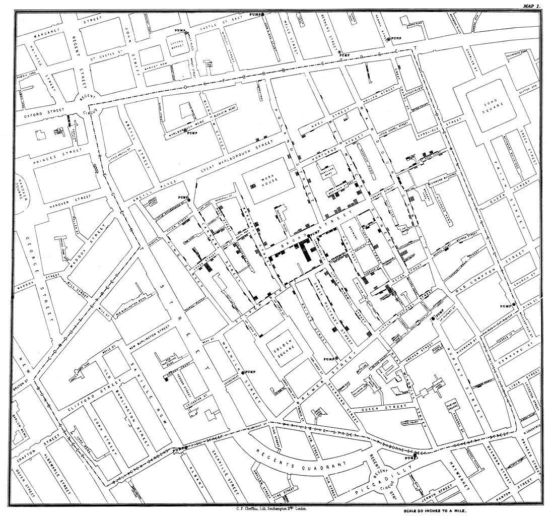 A map of a town’s cholera cases. Cholera presence is indicated by clusters of short lines that are stacked along streets and within neighborhoods. 